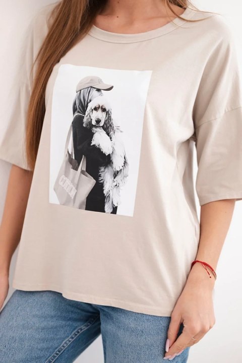 Bluzka damska bawełniana oversize z krótkim rękawem i modnym nadrukiem beżowa