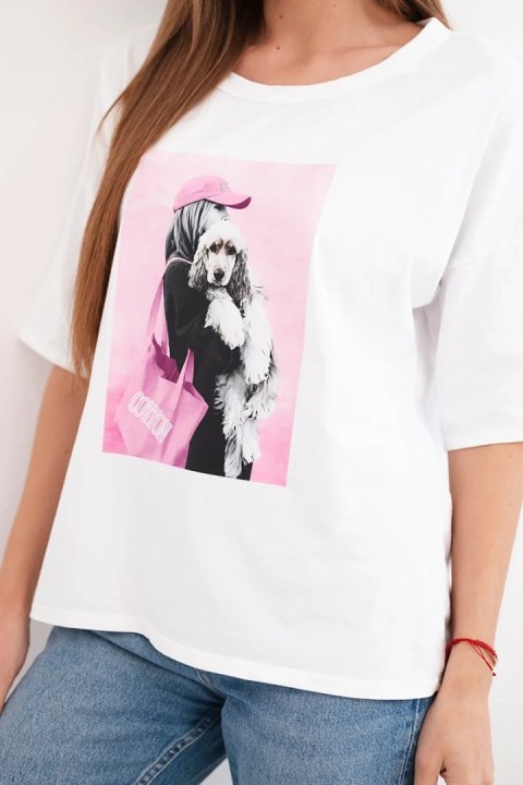 Bluzka damska bawełniana oversize z krótkim rękawem i modnym nadrukiem biała