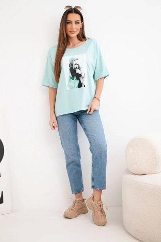 Bluzka damska bawełniana oversize z krótkim rękawem i modnym nadrukiem ciemno miętowa
