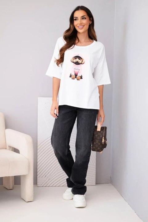 Bluzka damska bawełniana oversize z krótkim rękawem i nadrukiem V biała