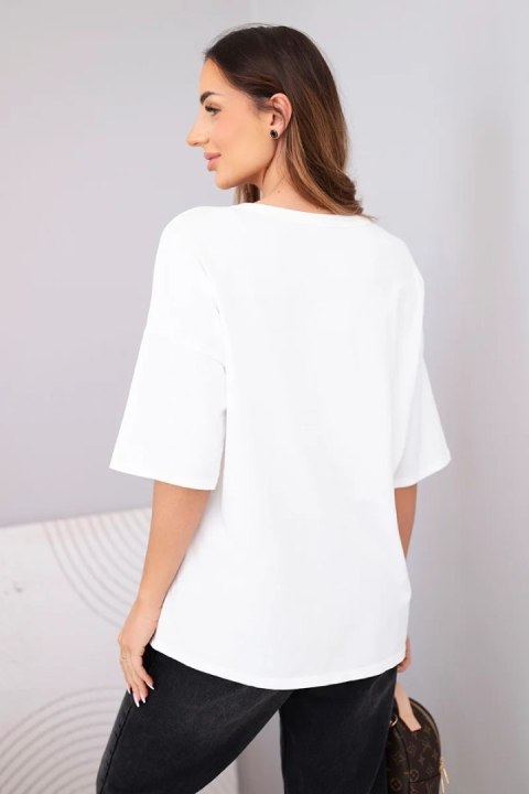 Bluzka damska bawełniana oversize z krótkim rękawem i nadrukiem V biała