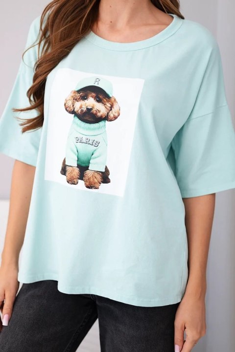 Bluzka damska bawełniana oversize z krótkim rękawem i nadrukiem miętowa