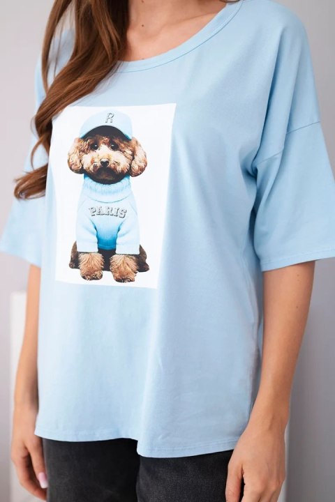 Bluzka damska bawełniana oversize z krótkim rękawem i nadrukiem niebieska