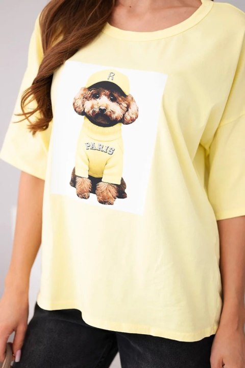 Bluzka damska bawełniana oversize z krótkim rękawem i nadrukiem żółta