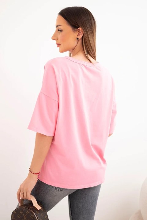 Bluzka damska bawełniana oversize z kwiatowym nadrukiem jasno różowa