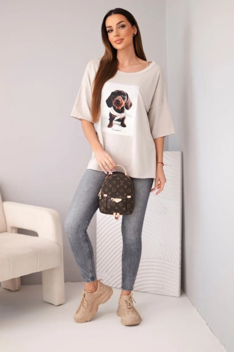 Bluzka damska bawełniana oversize z nadrukiem "Dog Fashion" beżowa