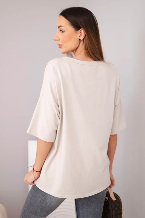 Bluzka damska bawełniana oversize z nadrukiem "Dog Fashion" beżowa