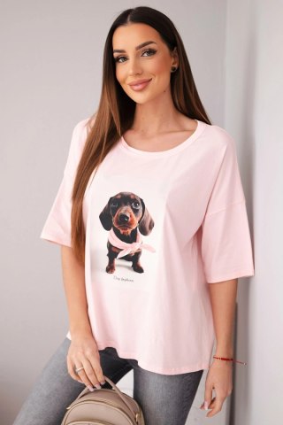 Bluzka damska bawełniana oversize z nadrukiem "Dog Fashion" cukierkowy róż