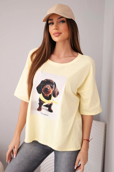 Bluzka damska bawełniana oversize z nadrukiem "Dog Fashion" żółta