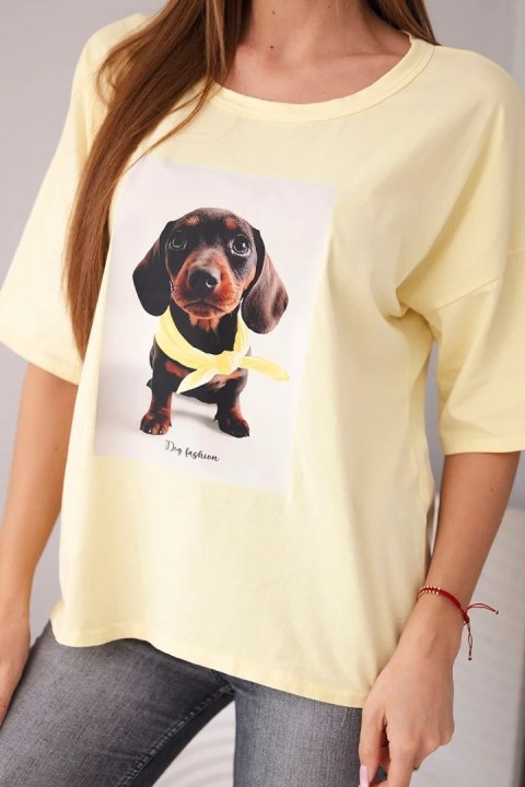 Bluzka damska bawełniana oversize z nadrukiem "Dog Fashion" żółta