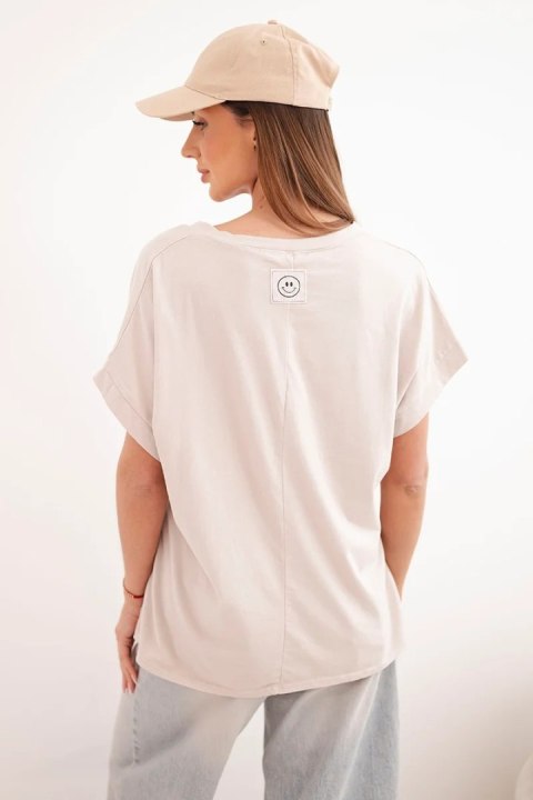 Bluzka damska bawełniana z dekoltem V i krótkim rękawem beżowa