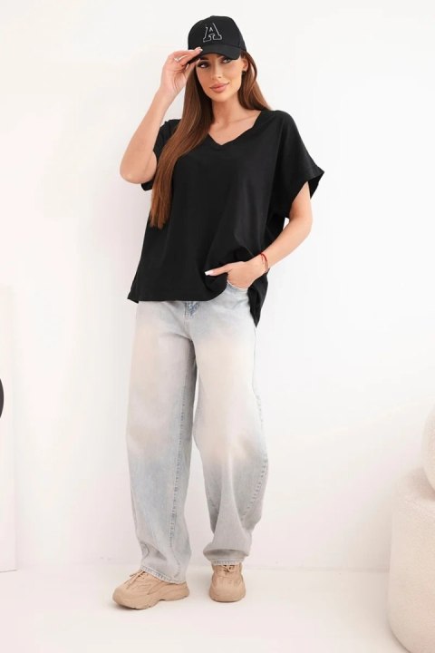 Bluzka damska bawełniana z dekoltem V i krótkim rękawem czarna