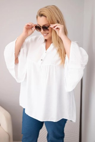 Bluzka damska wiskozowa Plus Size z falbaniastym rękawem i dekoltem V biała