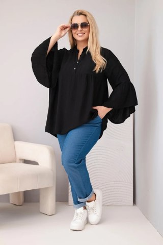 Bluzka damska wiskozowa Plus Size z falbaniastym rękawem i dekoltem V czarna
