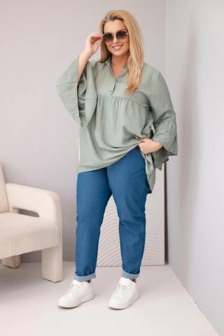 Bluzka damska wiskozowa Plus Size z falbaniastym rękawem i dekoltem V khaki