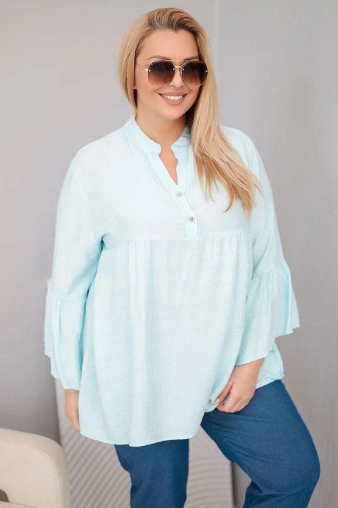 Bluzka damska wiskozowa Plus Size z falbaniastym rękawem i dekoltem V miętowa