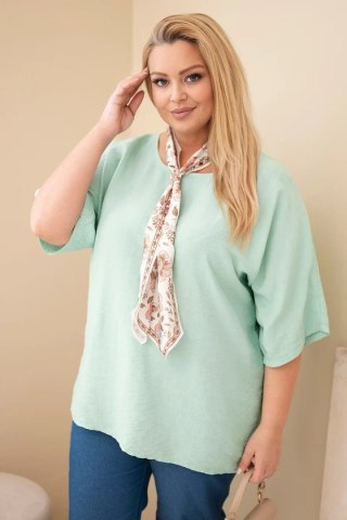 Bluzka damska wiskozowa Plus Size z krótkim rękawem i ozdobną apaszką ciemno miętowa