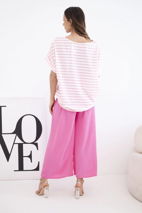 Komplet damski wiskozowy z bluzką w paski i szerokiemi spodniami z gumką różowy