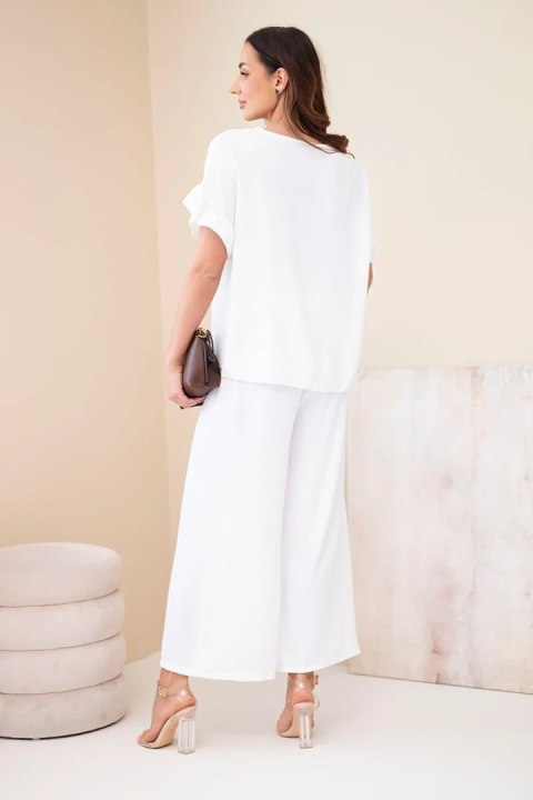 Komplet damski wiskozowy z bluzką z nadrukiem i spodniami biały