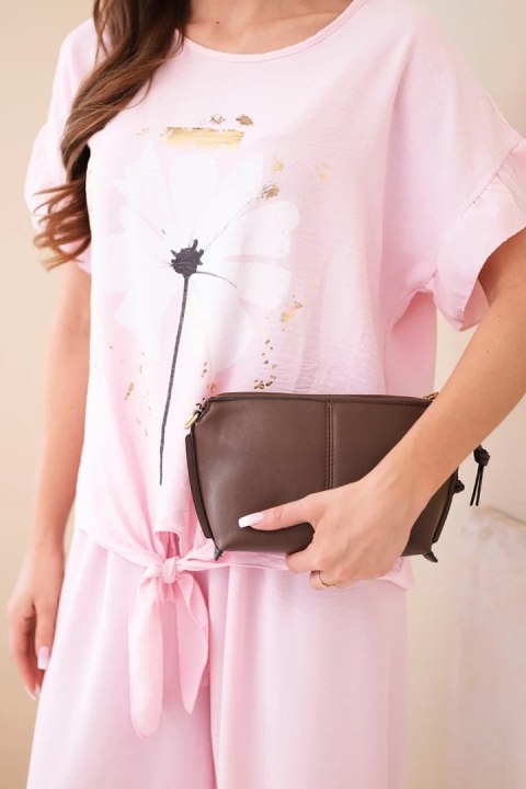 Komplet damski wiskozowy z bluzką z nadrukiem i spodniami cukierkowy róż