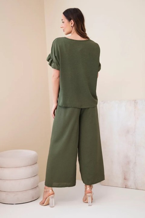 Komplet damski wiskozowy z bluzką z nadrukiem i spodniami khaki