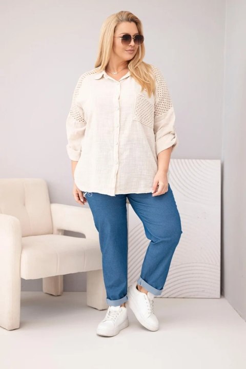 Koszula damska wiskozowa Plus Size z kołnierzykiem i koronkową wstawką beżowa