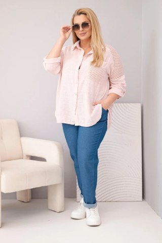 Koszula damska wiskozowa Plus Size z kołnierzykiem i koronkową wstawką ciemny pudrowy róż