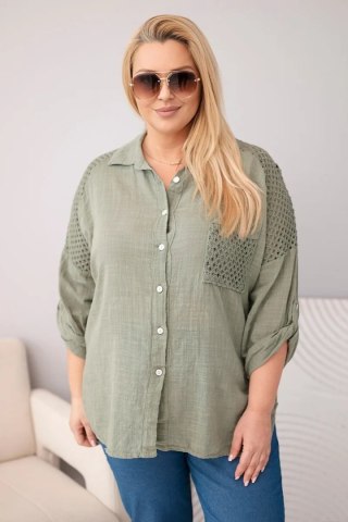 Koszula damska wiskozowa Plus Size z kołnierzykiem i koronkową wstawką khaki
