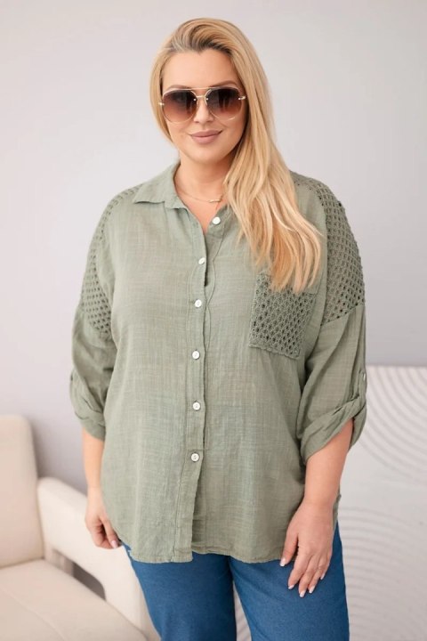 Koszula damska wiskozowa Plus Size z kołnierzykiem i koronkową wstawką khaki