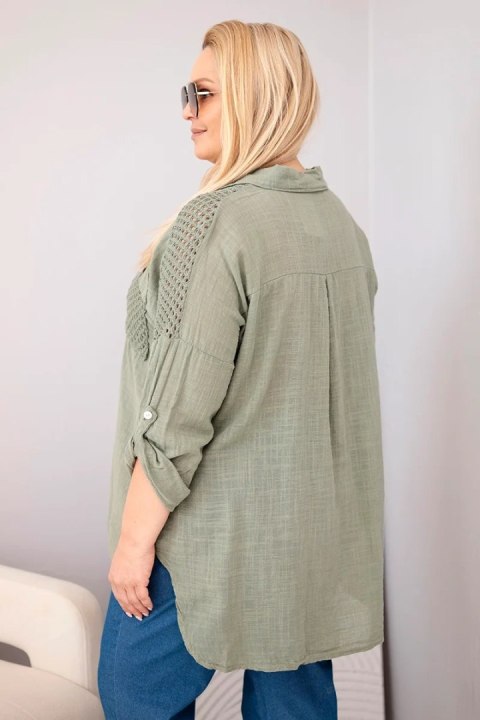 Koszula damska wiskozowa Plus Size z kołnierzykiem i koronkową wstawką khaki