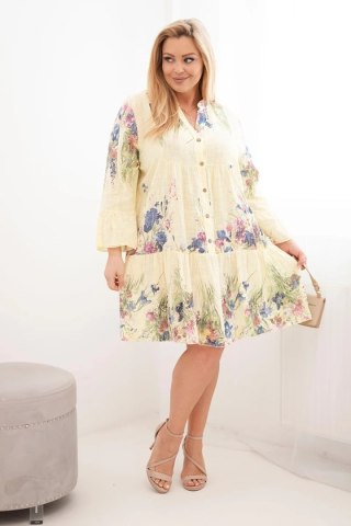 Sukienka damska bawełniana Plus Size z dekoltem V i guzikami kwiatowy wzór żółta