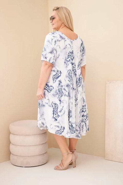 Sukienka damska wiskozowa Plus Size z krótkim rękawem i fasonem paisley biała