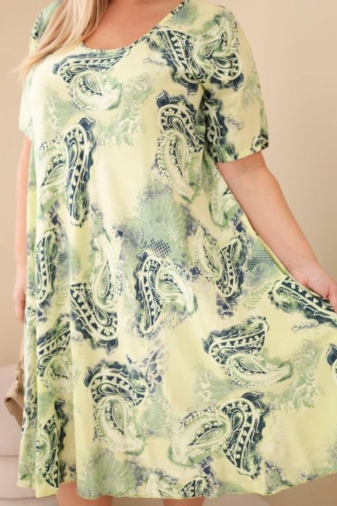 Sukienka damska wiskozowa Plus Size z krótkim rękawem i fasonem paisley jasno zielona