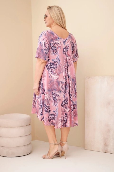 Sukienka damska wiskozowa Plus Size z krótkim rękawem i fasonem paisley różowa