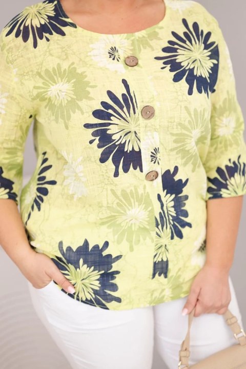 Bluzka damska bawełniana Plus Size z krótkim rękawem i guzikami jasno zielona