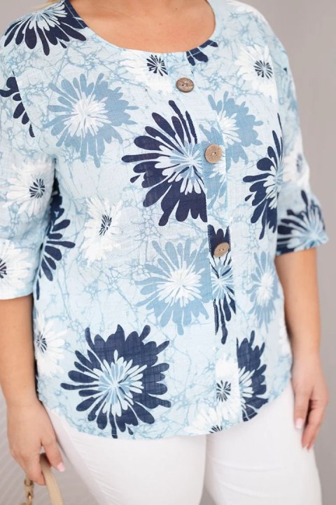 Bluzka damska bawełniana Plus Size z krótkim rękawem i guzikami niebieska