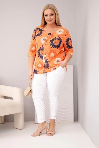 Bluzka damska bawełniana Plus Size z krótkim rękawem i guzikami pomarańczowa
