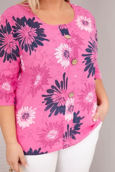 Bluzka damska bawełniana Plus Size z krótkim rękawem i guzikami różowa