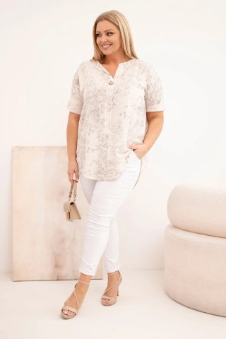 Bluzka damska bawełniana Plus Size z krótkim rękawem i ozdobnym guzikiem beżowa