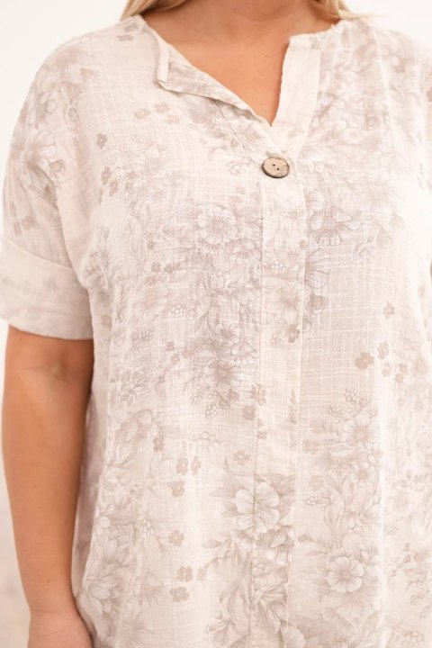 Bluzka damska bawełniana Plus Size z krótkim rękawem i ozdobnym guzikiem beżowa