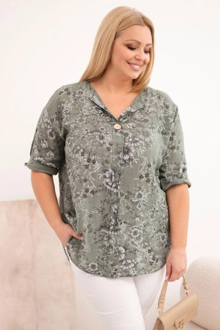 Bluzka damska bawełniana Plus Size z krótkim rękawem i ozdobnym guzikiem khaki
