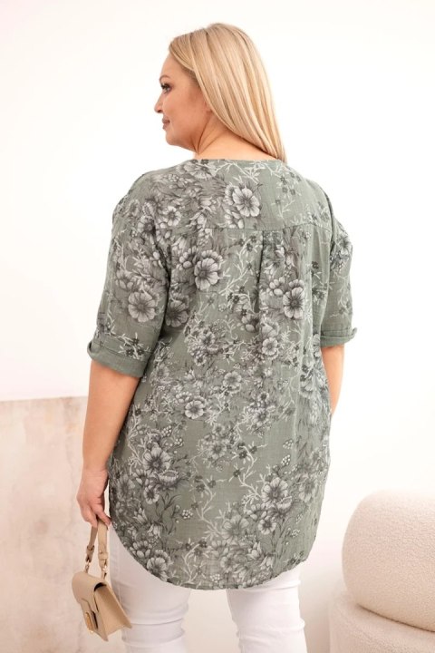 Bluzka damska bawełniana Plus Size z krótkim rękawem i ozdobnym guzikiem khaki