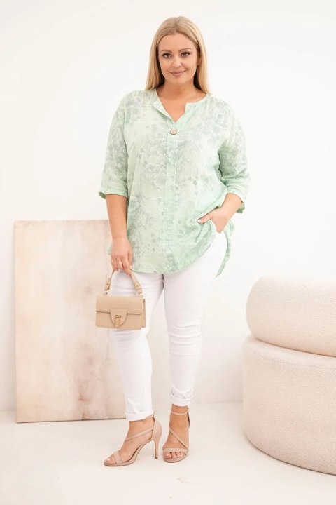 Bluzka damska bawełniana Plus Size z krótkim rękawem i ozdobnym guzikiem miętowa