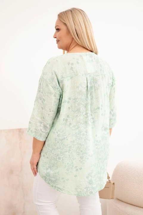 Bluzka damska bawełniana Plus Size z krótkim rękawem i ozdobnym guzikiem miętowa