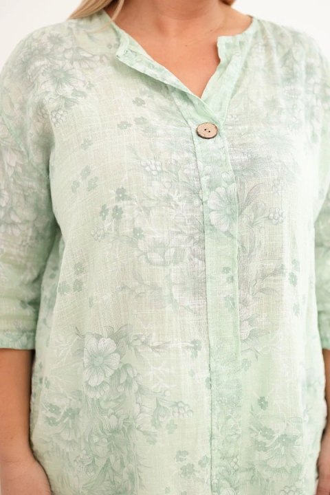 Bluzka damska bawełniana Plus Size z krótkim rękawem i ozdobnym guzikiem miętowa