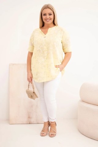 Bluzka damska bawełniana Plus Size z krótkim rękawem i ozdobnym guzikiem żółta