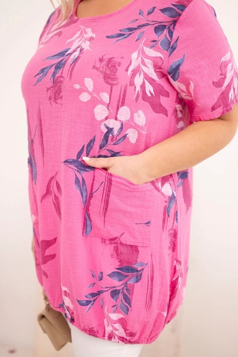 Bluzka damska bawełniana Plus Size z krótkim rękawem i wiązaniem na dole różowa