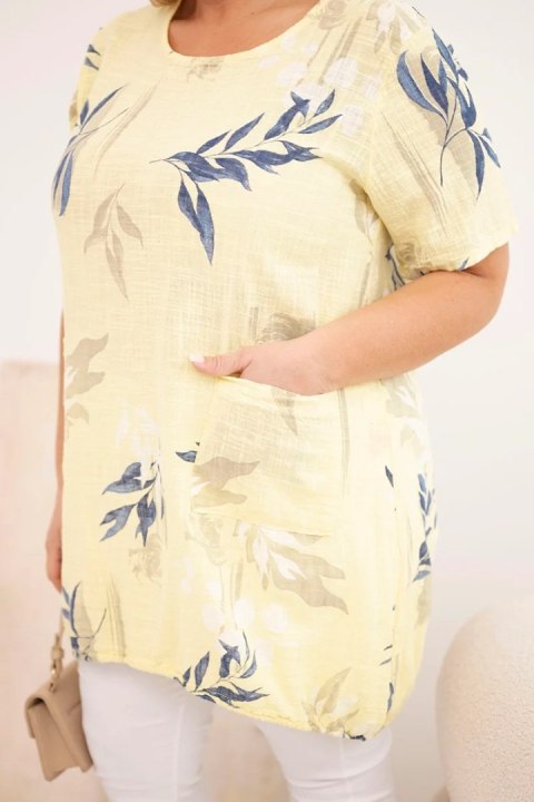 Bluzka damska bawełniana Plus Size z krótkim rękawem i wiązaniem na dole żółta