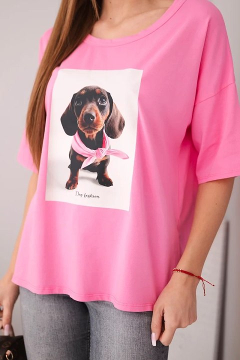 Bluzka damska bawełniana oversize z nadrukiem "Dog Fashion" różowa