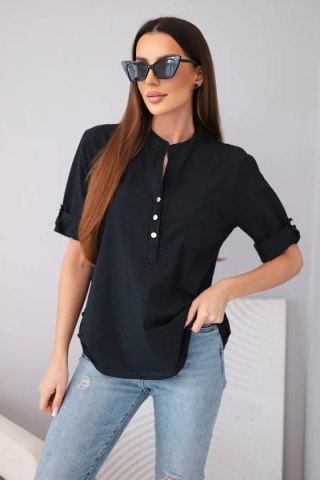 Bluzka damska koszulowa bawełniana z krótkim rękawem i kieszonką czarna